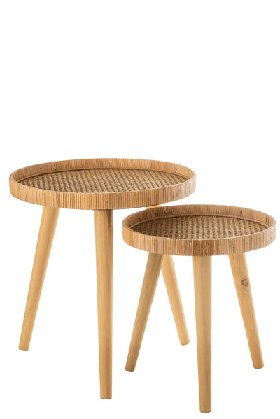 Set of 2 Side Tables Round Tripod Rattan