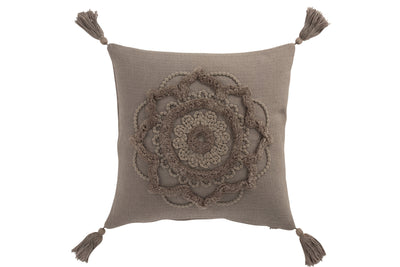 Cushion Flower And Tassels Cotton Taupe