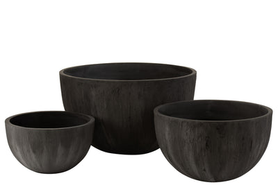 Set of 3 Flowerpots Round Ceramic Low Black